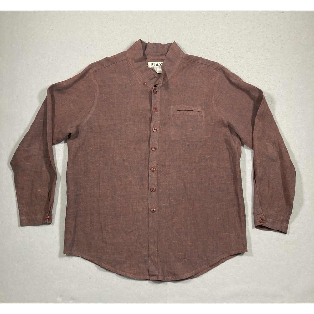 FLAX Men's Linen Lagenlook Long Sleeve Rust Brown Button Front Shirt Size S